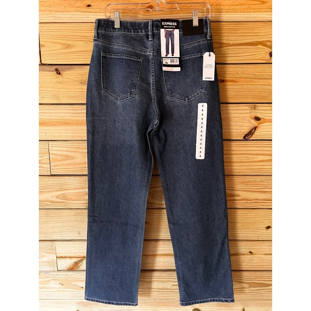 Express Embellished Studded Straight Leg Jeans Medium Wash Blue Size 4 NEW - Picture 3 of 4